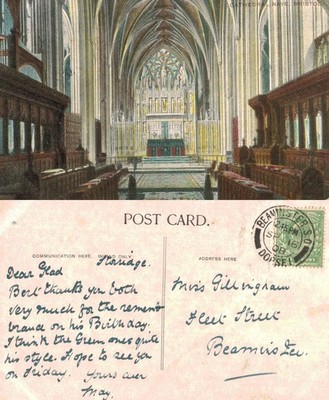 Alte Postkarte - Bristol Cathedral Nave Interior Architecture 1908 POSTED