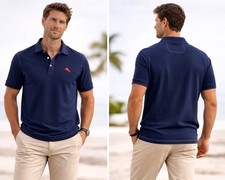 Tommy Bahama Polo Shirt M Navy Supima Cotton Blend Short Sleeve Red Marlin Logo