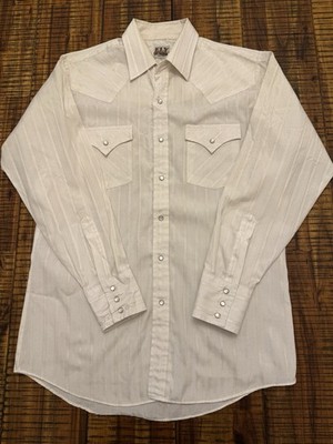 Ely Cattleman Western Pearl Snaps Ivory Long  Sleeve Front Pocket Men Medium