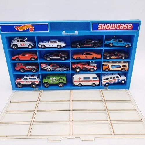 Vintage Hot Wheels Blue SHOWCASE Display Case w/ Cars Emergency Vehicles