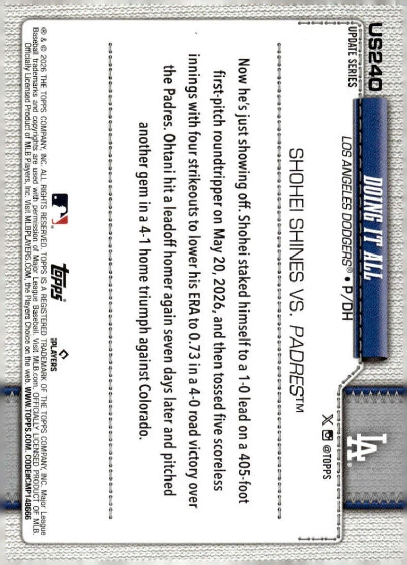 Shohei Ohtani 2026 Topps Actualización #US240 MLB Dodgers Temporada Highlights ID:183497