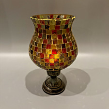 Mosaic Hurricane Candle Holder Stained Multi Color Glass Tiles Metal Base 10.75  