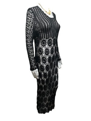 Black Hand Crochet Dress Size S Unlined Boho WhimsiGoth Grunge Y2K Boho MIDI VTG
