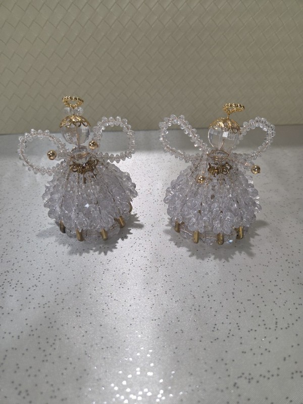 Vtg Pair Of Angel Handmade Beaded Safety Pin Ornaments MCM 4” Tall