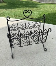Vintage WROUGHT IRON MAGAZINE RACK Newspapers Books Scrolled Bronze-Tone Metal