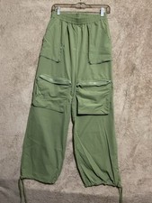 Women  s Green Pants With Zipper Cargo Pockets Elastic Waist Size Medium