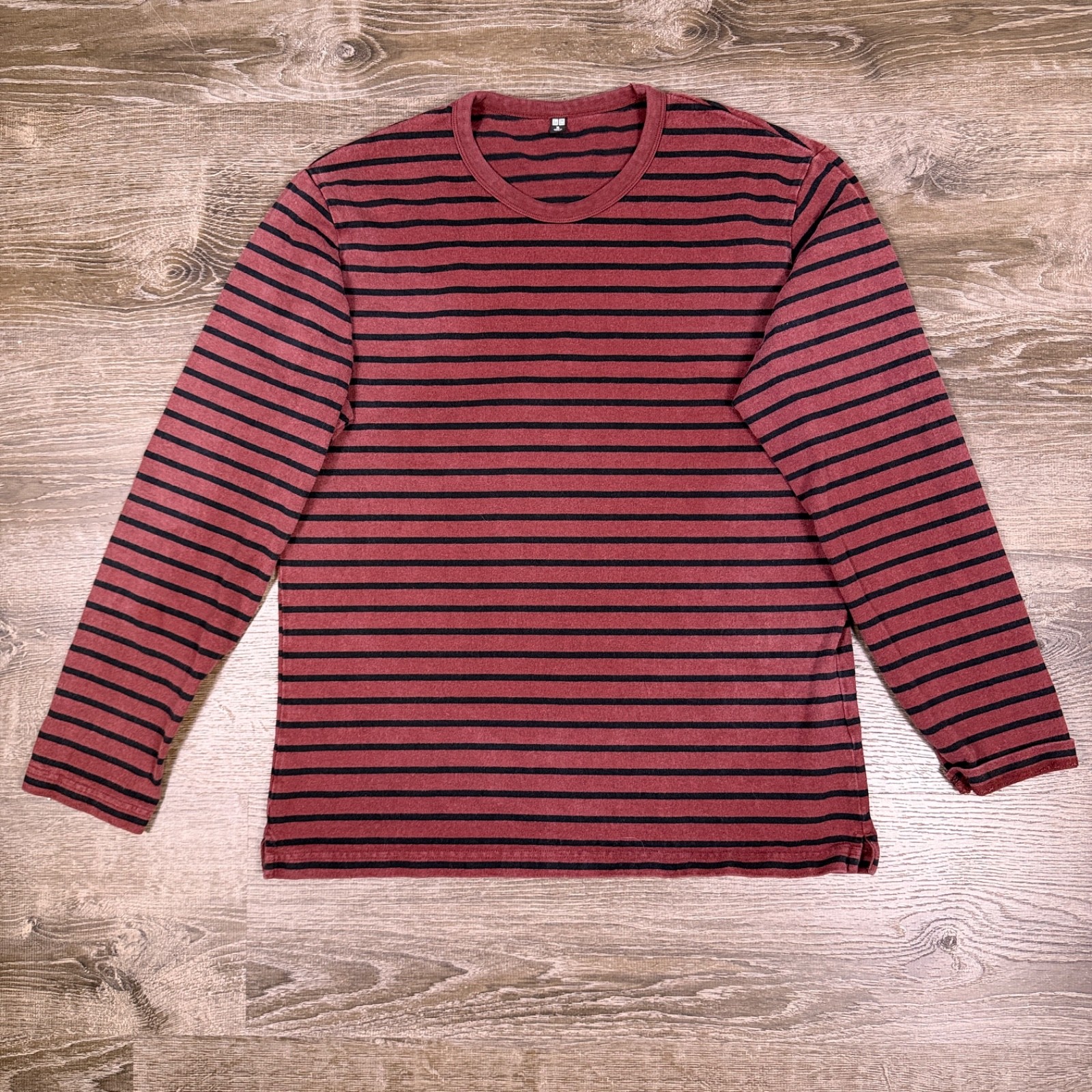 UNIQLO 100% Cotton Mens XL Red Blue Striped Long Sleeve Crew Neck T-Shirt Read!