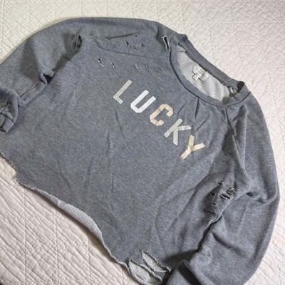 Lucky Brand Distressed Sweatshirt XS Gray Destroyed Grunge Raw Hem