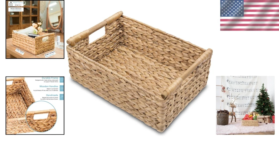 Wicker Basket Storage Organizing Bin Large Rectangular Water Hyacinth Shelf - Image 2 of 4