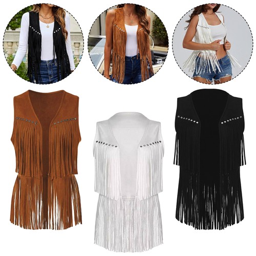 Damen Wildleder Weste mit Fransen Jacke Cardigan Hippie Ethnisch Weste Vest 2XL - Bild 10 von 26