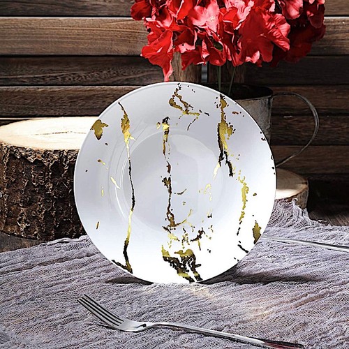 50 White Gold 8" Marble Round Salad Disposable Plates Party Wedding Catering - Picture 5 of 8