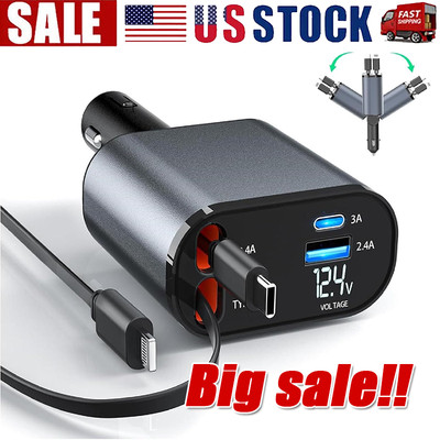Retractable Car Charger 4 in 1 Fast Car Phone Charger 120W With USB Type C Cable