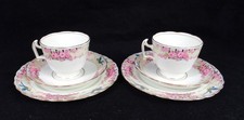 Pair of Tuscan China Teacup, Saucer & Tea Plate Trios Blue Tits & Pink Roses