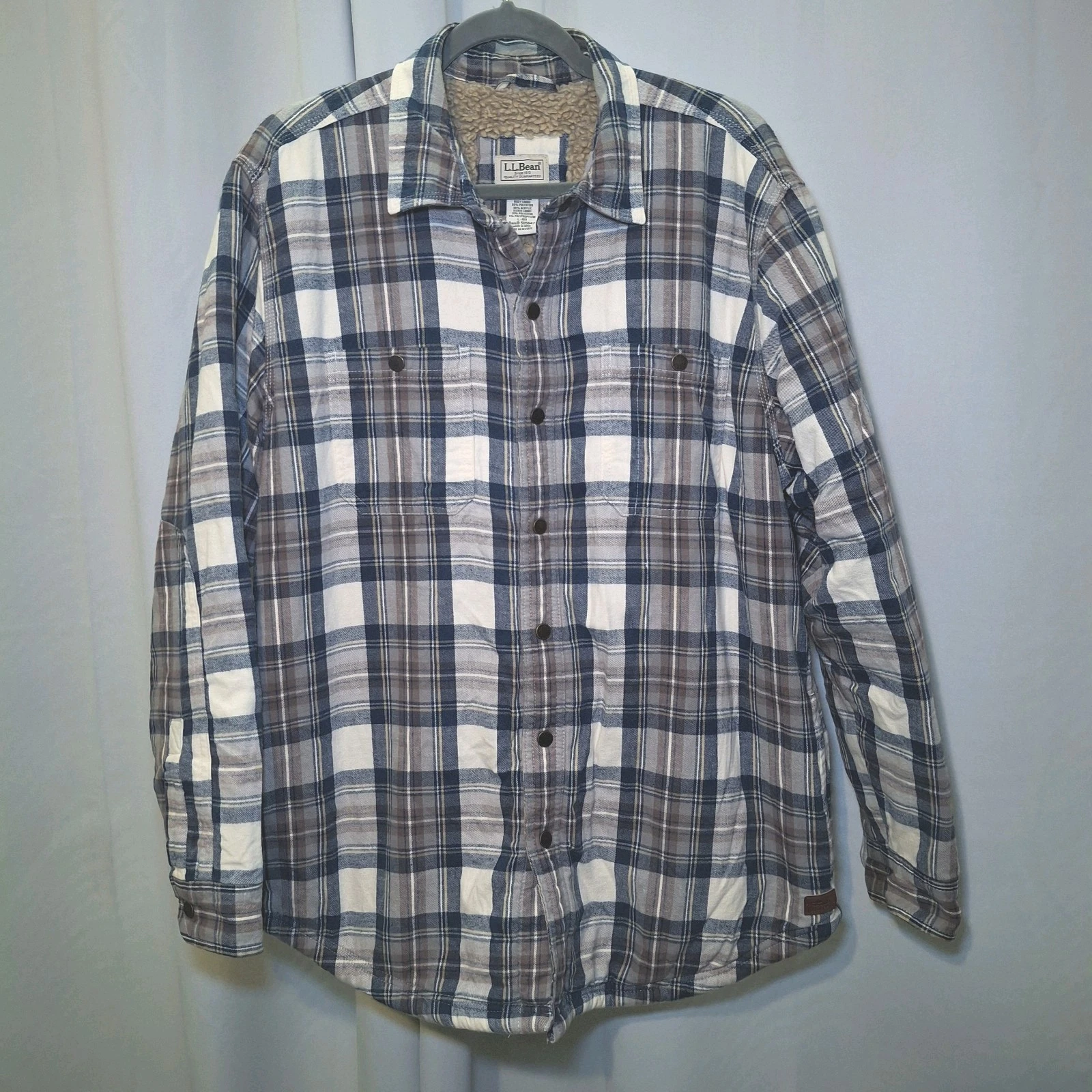 LL Bean Mens Large Plaid Flannel Sherpa Lined Slightly Fitted Snap Shirt Jacket