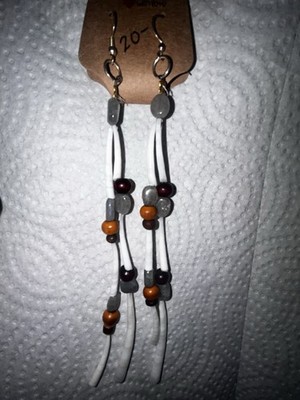 Native American Dentalium Shell-Moonstone-Wood Bead-Dangle Handmade Earrings 6 