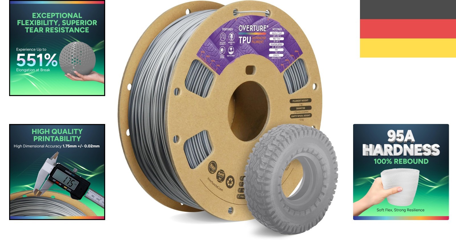 TPU Filament 1,75mm flexibel 1kg Grau 3D-Drucker Filament Gu10 - Bild 2