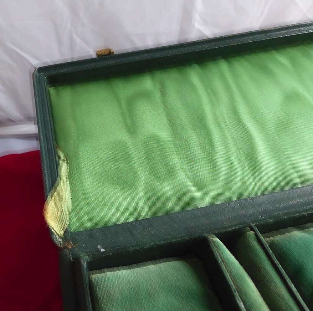 VINTAGE JEWELLERY BOX DARK GREEN FAUX LEATHER WITH INNER TRAY eBay