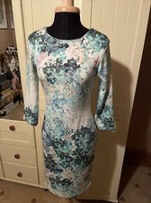 H&M Ladies Short Dress Size S Green Ivory Floral 3/4 Sleeve Stretch Ponte