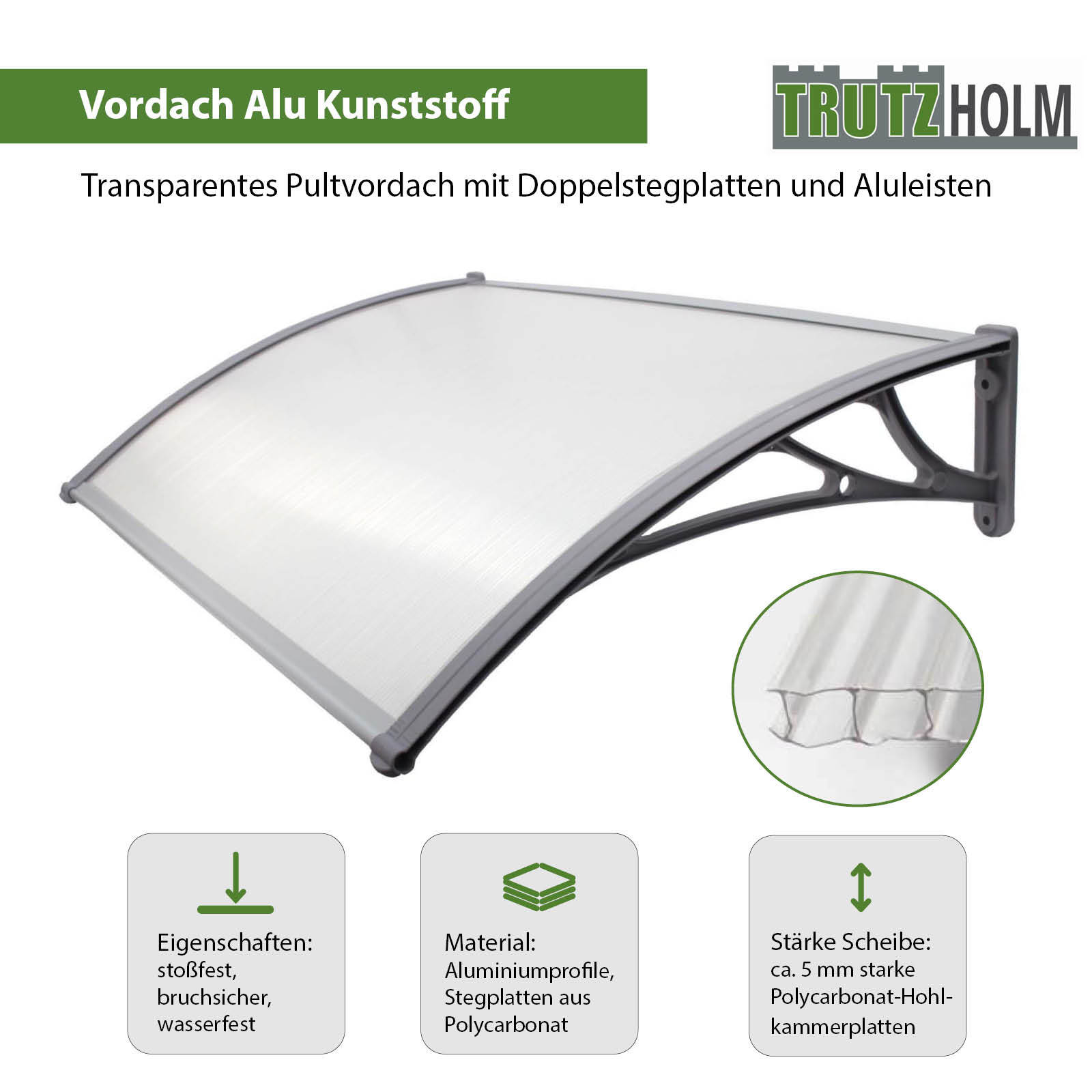 Melko Haustürvordach Kunststoff 240x90cm - Pultdach Wetterfest UV-beständig