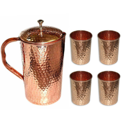 100% Copper Water Pitcher Jug 1.5 Ltr 4 Hammered Tumbler 300ml Ayurveda Health