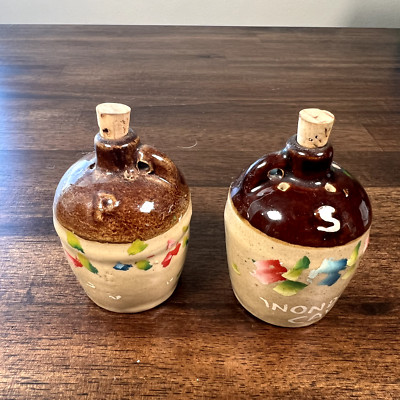 Vintage Mini Crock Salt & Pepper Shakers Moonshine Whiskey Jugs
