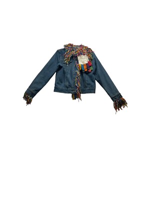 Amano Jacket Blue Denim Multicolor Wool Shag Trim Gloves Details Jean Womens  M