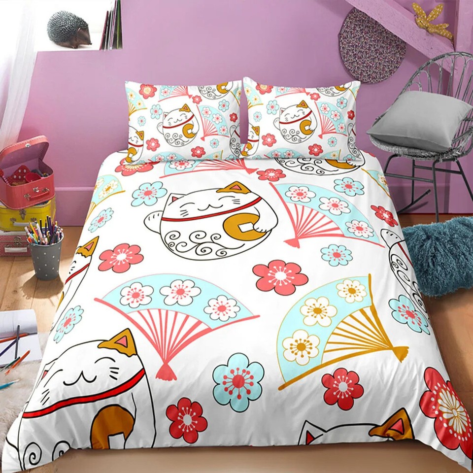 Japanese Fortune Cats Doona/Quilt/Duvet Cover Bedspread Bed Set Single