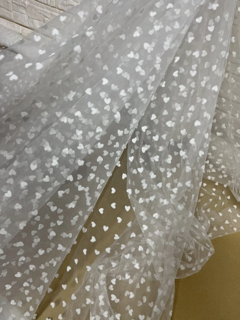OFF WHITE Tessuto di pizzo a pois in tulle bianco sporco cuore floccato pizzo per veli abiti
