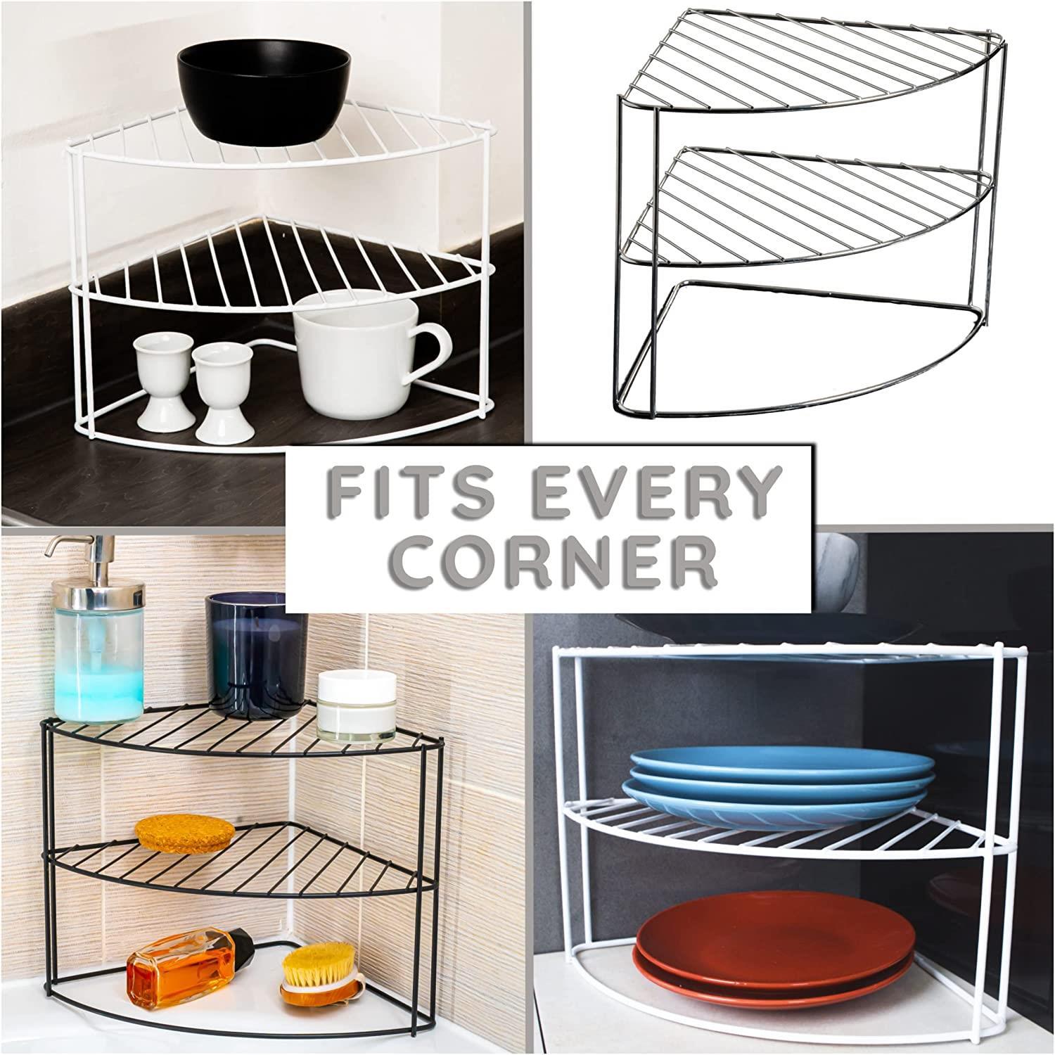 3 TIER WHITE CORNER KITCHEN PLATE RACK TIDY CUPBOARD SHELF INSERT