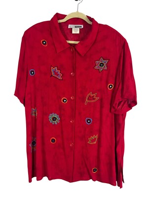 CM Shapes Floral Shirt 1X Red Embroidery Artsy Funky Chic Classic Retro Colorful