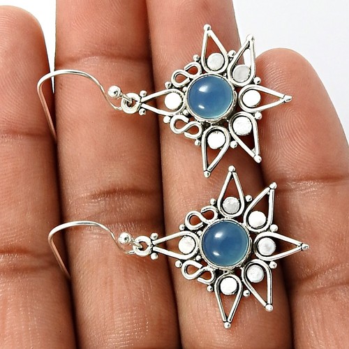 Gift For Her Natural Chalcedony Dangle Tribal Earrings 925 Silver I55 - Picture 3 of 8