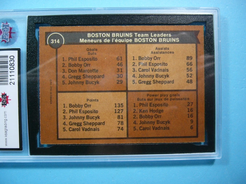 1975/76 O-PEE-CHEE NHL HOCKEY CARD #314 BOBBY ORR LEADER KSA 10 GEM MINT OPC - Image 4 of 4