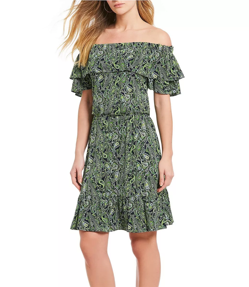 NWT MSRP 125 MICHAEL KORS Paisley Print Tiered Ruffle Dress Navy Green MEDIUM