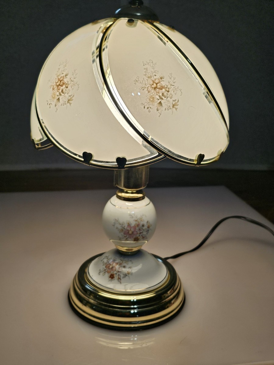 Vintage 3-Way Floral Touch Lamp Brass & 6-Panel Glass Shade 1980s
