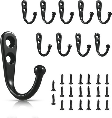 HAHAYOO 10 PCS Wall Coat Hooks, Black Heavy Duty Metal for Coats, Hats, Bags.