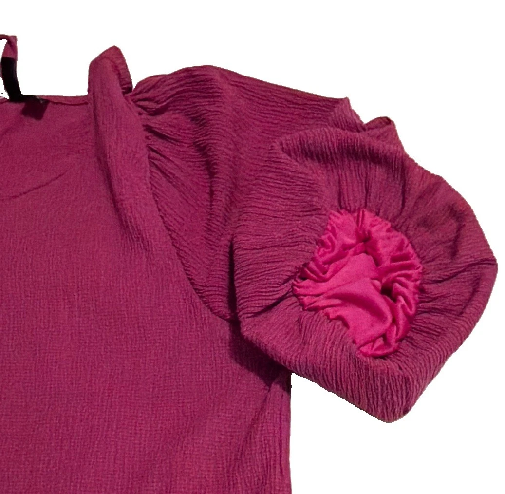 Vero Moda Fuchsia Pink Puff Sleeve Tie Neck Round Neck Blouse Size L
