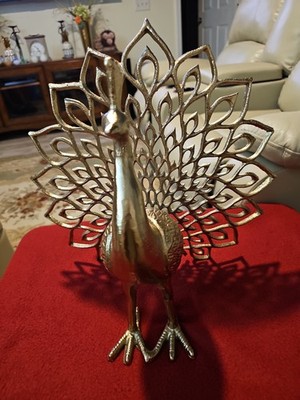 Vintage gold tone metal Peacock Bird Figure 2.8 Lbs. 15 ''Tall  14'' W