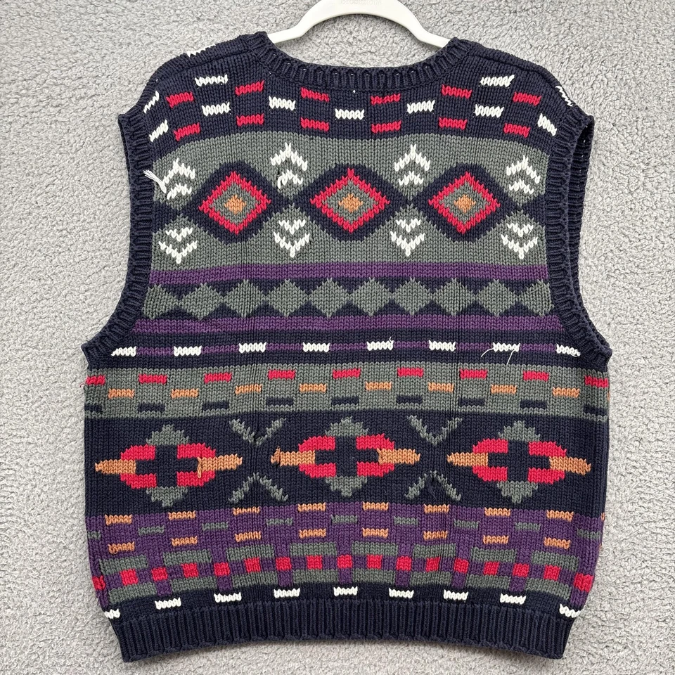 Eddie Bauer Vintage Sweater Vest Mens Large Navy Cotton Aztec 90s Southwestern - Image 4 of 4