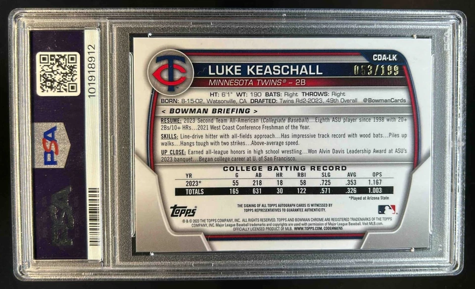 2023 Bowman Draft Sapphire Luke Keaschall Chrome Auto 1st Prospect #53/199 PSA 9 - Image 2 of 2