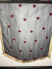 Indian Sheer Scarf Dupatta Gray Red Embroidery Gold Border 41 x 84