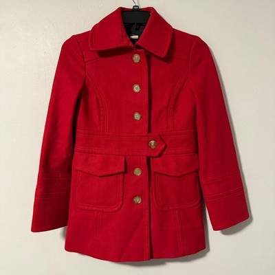 J.Crew Womens Red Wool Blend Button Front Pea Coat Jacket AS-IS 6 Mid length