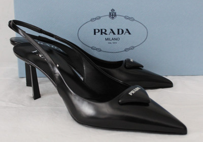 NWB PRADA Black Slingback Pointed Toe Triangle Logo Heels Pumps Leather 38