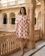 Women Hand Block Cotton Kaftan Maxi Dress Beach Cover Up Boho Style