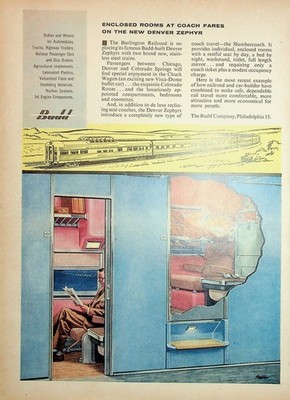 Original 1956 Vintage Print Ad: Budd, Coach Fares not the New Denver Zephyr