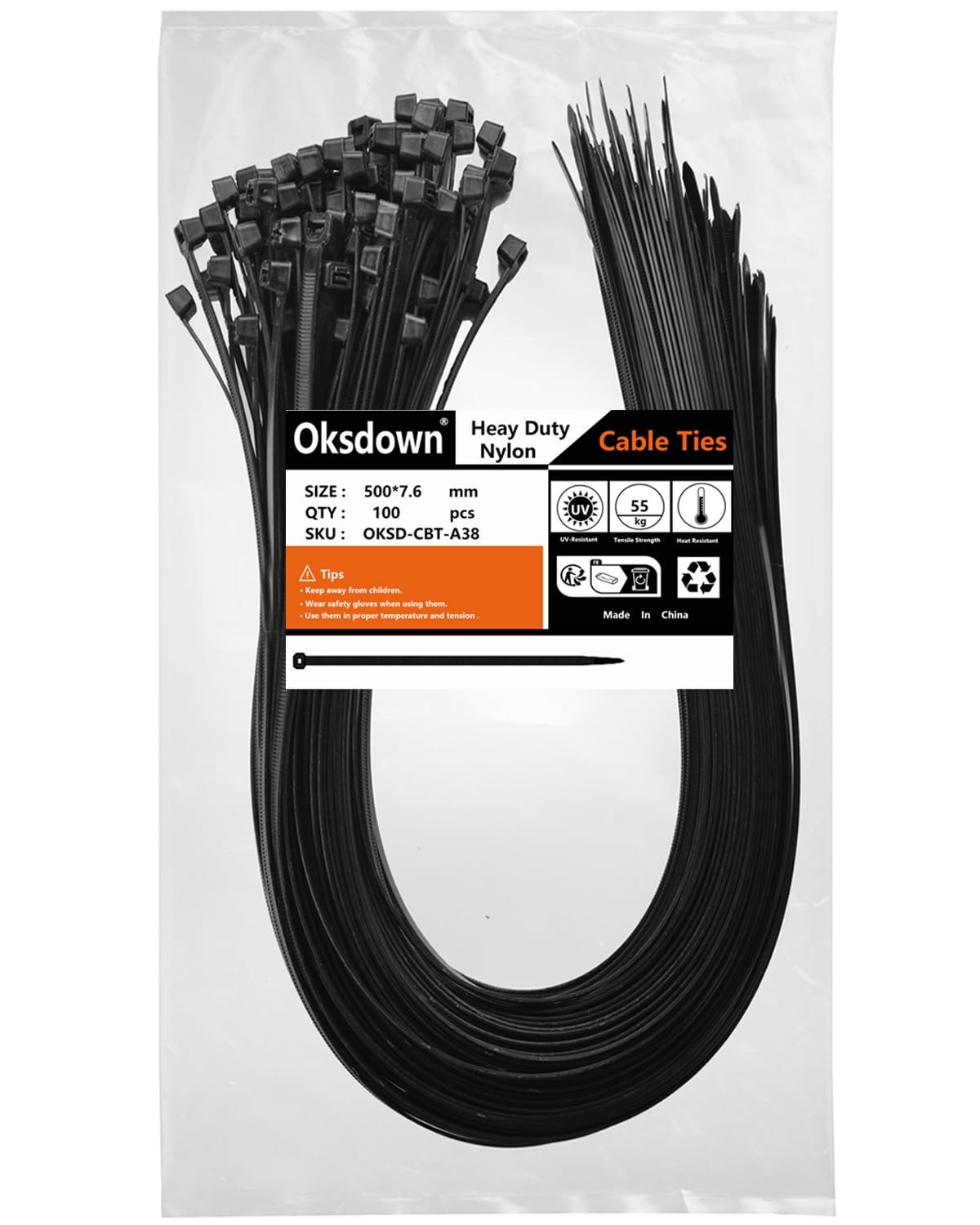 Oksdown 100 Pack Black Thick Cable Ties Heavy Duty Large 7.6mm × 500mm,