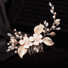 Crystal Flower Leaf Bride Wedding Hair Comb Gold Rhinestone Headband Side