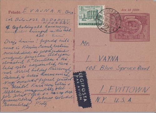1954 Budapest, Hungary postcard to Levittown, NY, USA, posted - Picture 2 of 2