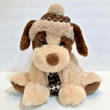 HugFun Brown and Ivory Puppy Dog Plush Stuffed Animal Toy With Hat and Scarf 11"