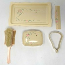 VTG Hand Painted Floral Celluloid Baby Vanity Set Comb Brush Soap Tray KP21