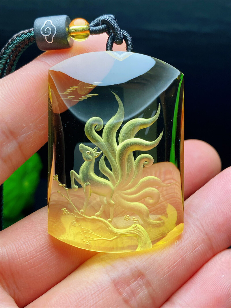 42.8g Natural Citrine Quartz Crystal Carved Fox Skull Pendant Reiki Healing Gift